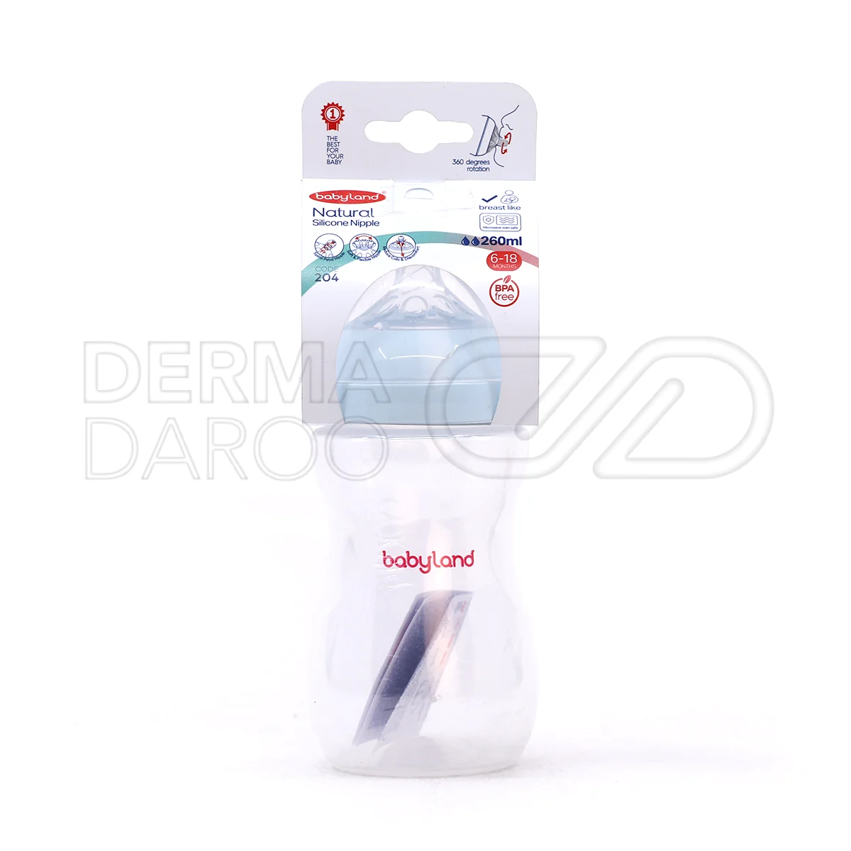 بطری شیرخوری نچرال بیبی لند در بسته بندی شفاف با سرشیشه سیلیکونی نرم و بدنه ارگونومیک، مناسب 6 تا 18 ماه و حجم 260 میلی لیتر