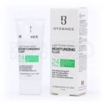 بسته بندی فلوئید آبرسان بیزانس در بطری پمپی سفید با جعبه سبز، مناسب پوست چرب و مختلط با بافت سبک