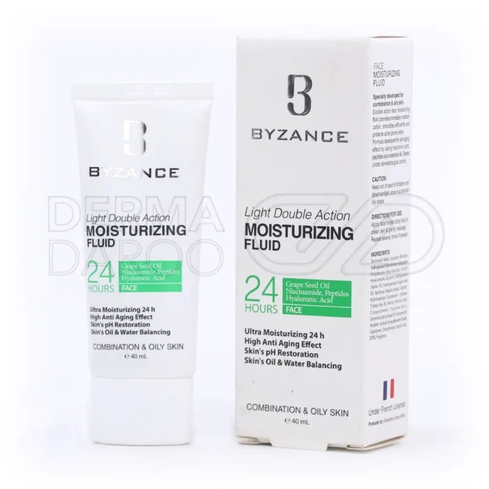 بسته بندی فلوئید آبرسان بیزانس در بطری پمپی سفید با جعبه سبز، مناسب پوست چرب و مختلط با بافت سبک