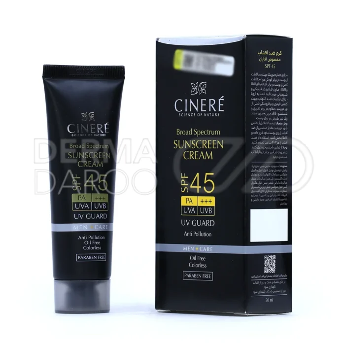 بسته بندی کرم ضد آفتاب آقایان سینره در تیوب مشکی شیک با جعبه آبی، مناسب پوست مردانه و مقاوم به تعریق