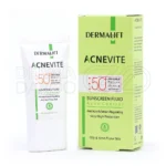 بسته بندی فلوئید ضدآفتاب SPF50 آکنویت درمالیفت در تیوب سفید، مناسب پوست چرب و جوش دار با بافت سبک و فاقد چربی