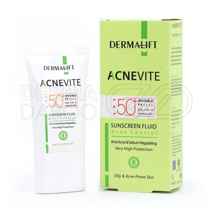 بسته بندی فلوئید ضدآفتاب SPF50 آکنویت درمالیفت در تیوب سفید، مناسب پوست چرب و جوش دار با بافت سبک و فاقد چربی