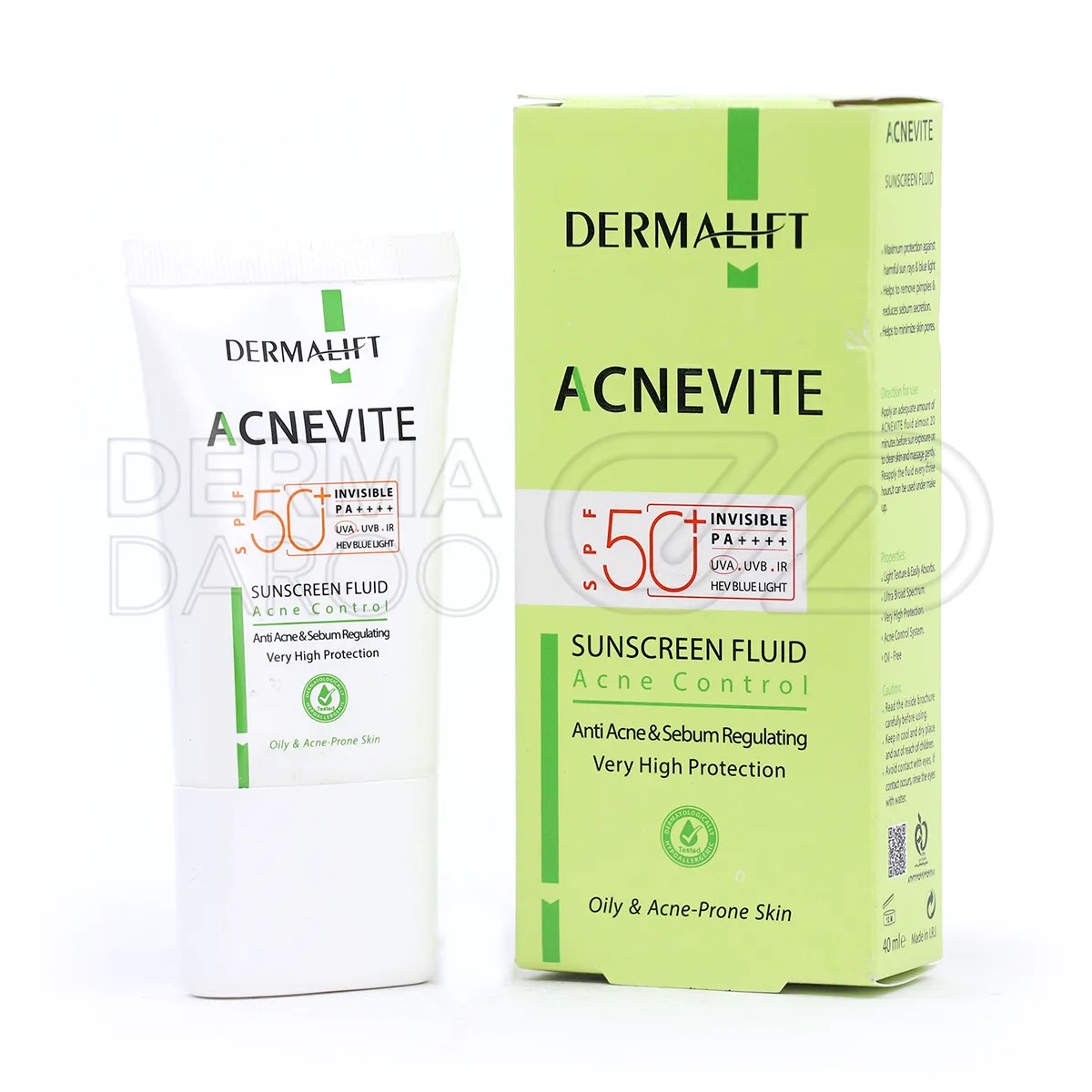 بسته بندی فلوئید ضدآفتاب SPF50 آکنویت درمالیفت در تیوب سفید، مناسب پوست چرب و جوش دار با بافت سبک و فاقد چربی