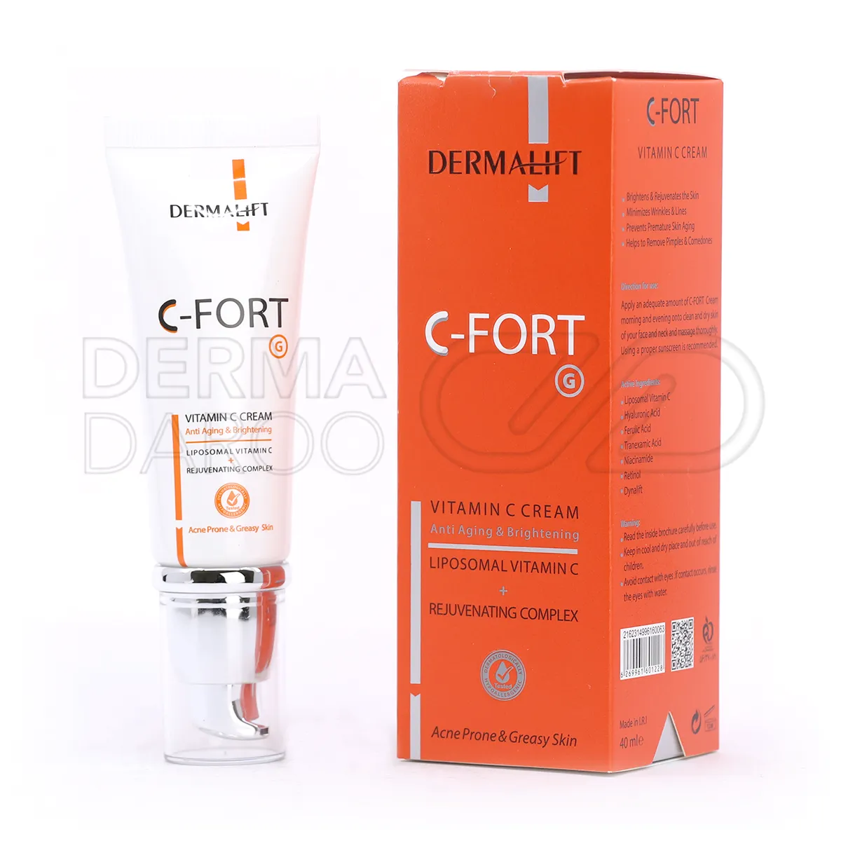 بسته بندی کرم سی فورت درمالیفت در جعبه شیک و تیوب ۴۰ میلی لیتری، مناسب پوست چرب و جوشدار با اثر روشن کننده و ضد چروک