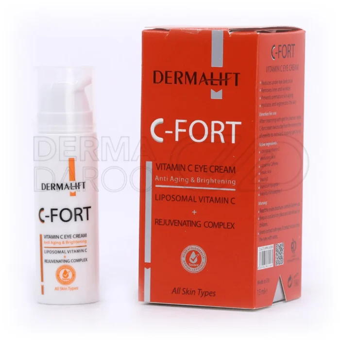 بسته بندی کرم دور چشم سی فورت درمالیفت در تیوب سفید با طراحی مینیمال، حاوی ویتامین C برای کاهش پف و تیرگی دور چشم