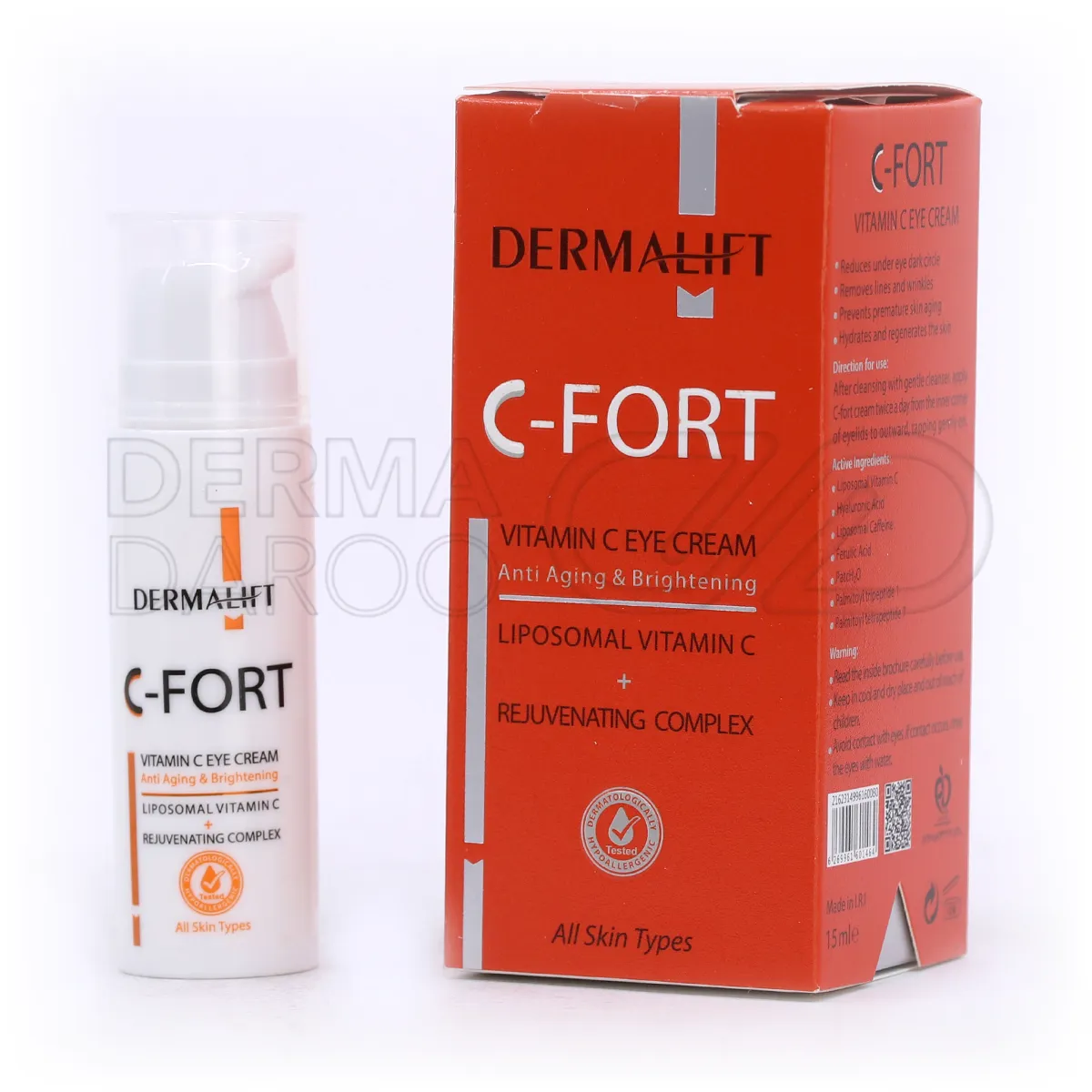 بسته بندی کرم دور چشم سی فورت درمالیفت در تیوب سفید با طراحی مینیمال، حاوی ویتامین C برای کاهش پف و تیرگی دور چشم