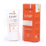 بسته بندی فلوئید ضدآفتاب SPF50 سی فورت درمالیفت در تیوب سفید با طراحی ساده، حاوی ویتامین سی برای محافظت و جوان سازی پوست