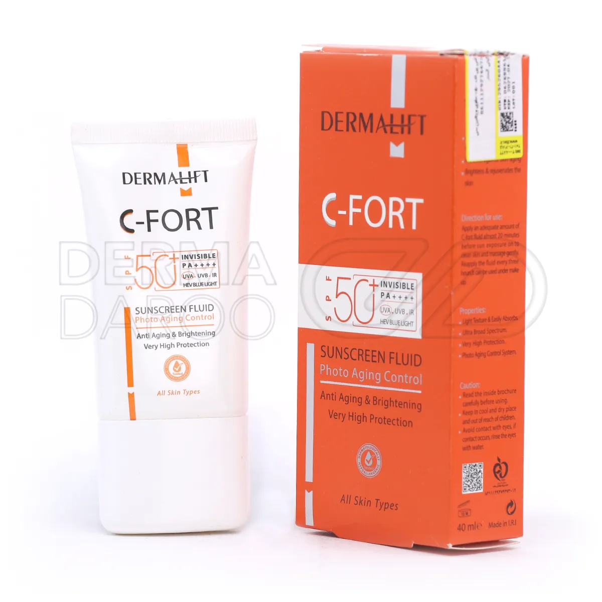 بسته بندی فلوئید ضدآفتاب SPF50 سی فورت درمالیفت در تیوب سفید با طراحی ساده، حاوی ویتامین سی برای محافظت و جوان سازی پوست