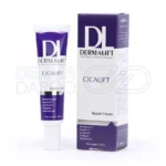 بسته بندی کرم سیکالیفت درمالیفت در تیوب سفید ۳۰ میلی لیتر با درپوش نقره ای و برچسب آبی حاوی سیلیکون الاستومر آلوئه ورا و عصاره میموزا