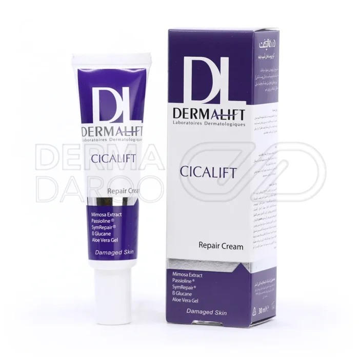 بسته بندی کرم سیکالیفت درمالیفت در تیوب سفید ۳۰ میلی لیتر با درپوش نقره ای و برچسب آبی حاوی سیلیکون الاستومر آلوئه ورا و عصاره میموزا