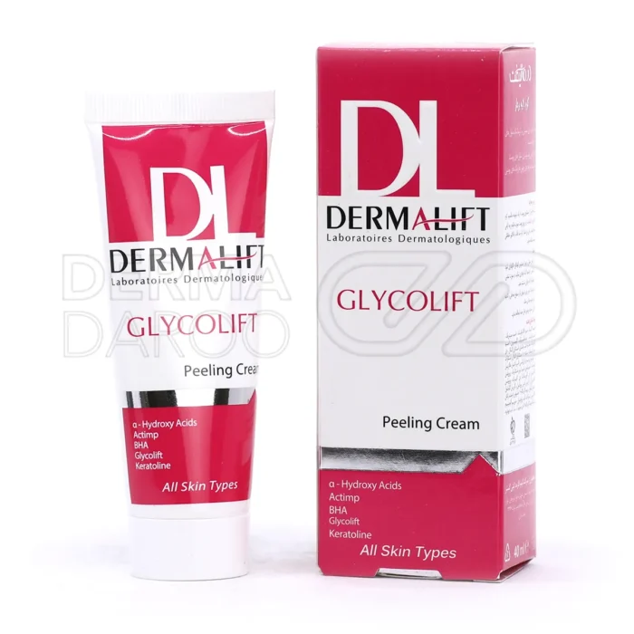 بسته بندی کرم لایه بردار گلیکولیفت درمالیفت در تیوب سفید با طراحی ساده، حاوی اسیدهای میوه برای لایه برداری ملایم پوست