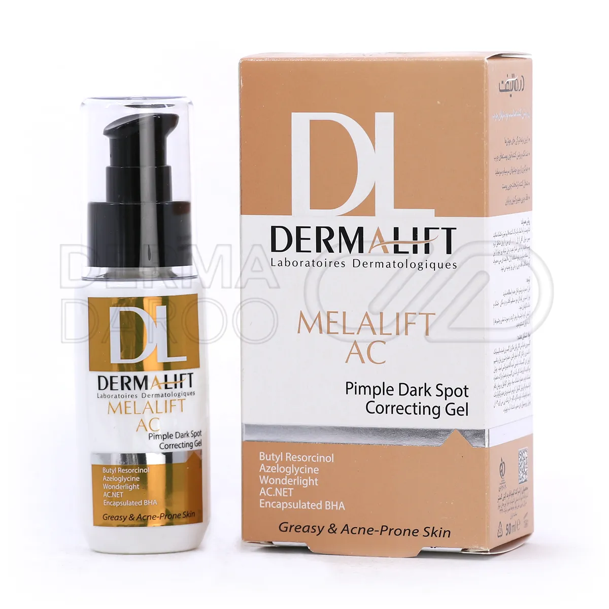 بسته بندی ژل روشن کننده پوست چرب ملالیفت ای سی درمالیفت در تیوب سفید ۳۰ میلی لیتر با درپوش مشکی و برچسب آبی حاوی عصاره شیرین بیان پتاسیم آزلویل و زینک