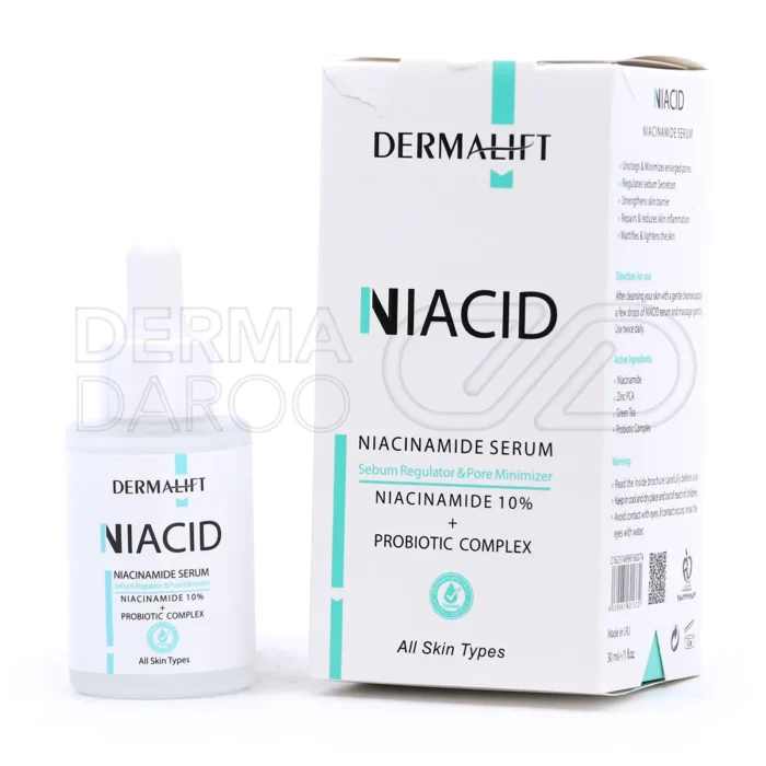 بسته بندی سرم نیاسینامید و زینک Niacid درمالیفت در بطری قطره‌چکان شیک، مناسب پوست چرب و جوشدار با اثر ضد لک