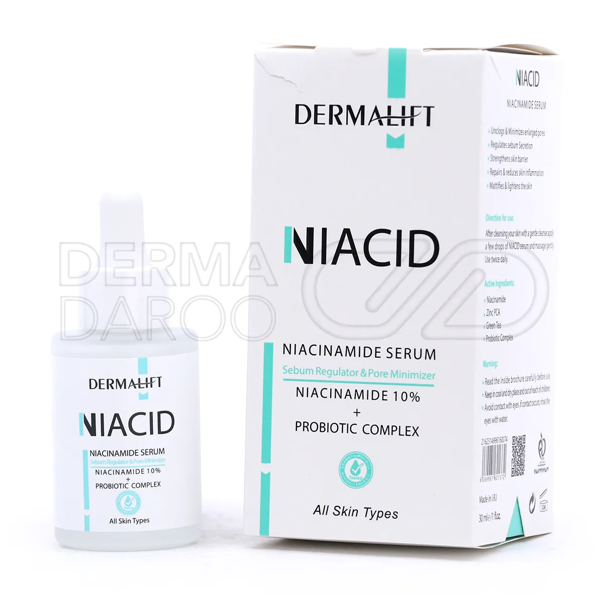 بسته بندی سرم نیاسینامید و زینک Niacid درمالیفت در بطری قطره‌چکان شیک، مناسب پوست چرب و جوشدار با اثر ضد لک