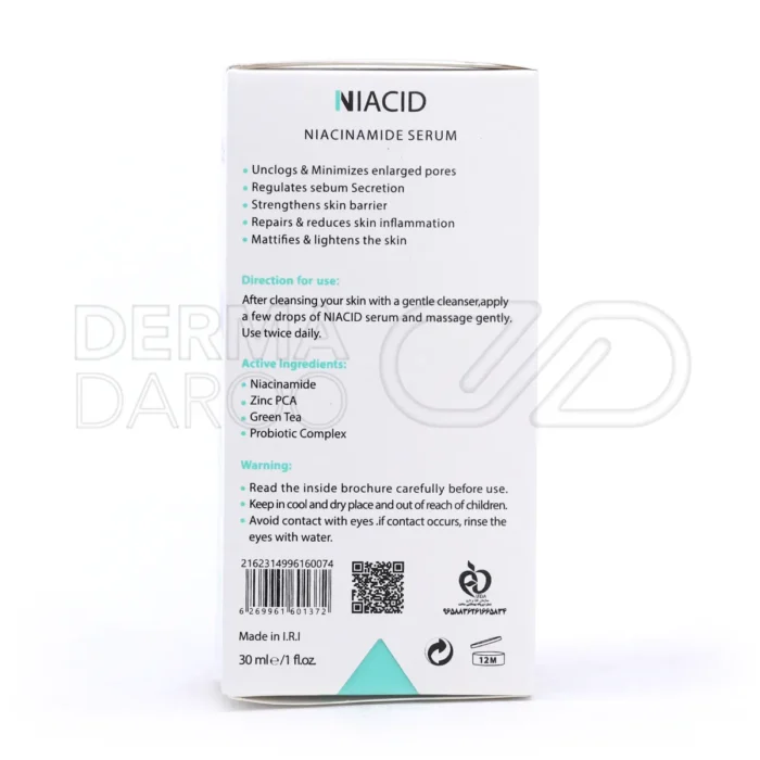 سرم Niacid درمالیفت حاوی نیاسینامید و زینک پی سی ای، کنترل چربی پوست و کوچک کننده منافذ باز صورت