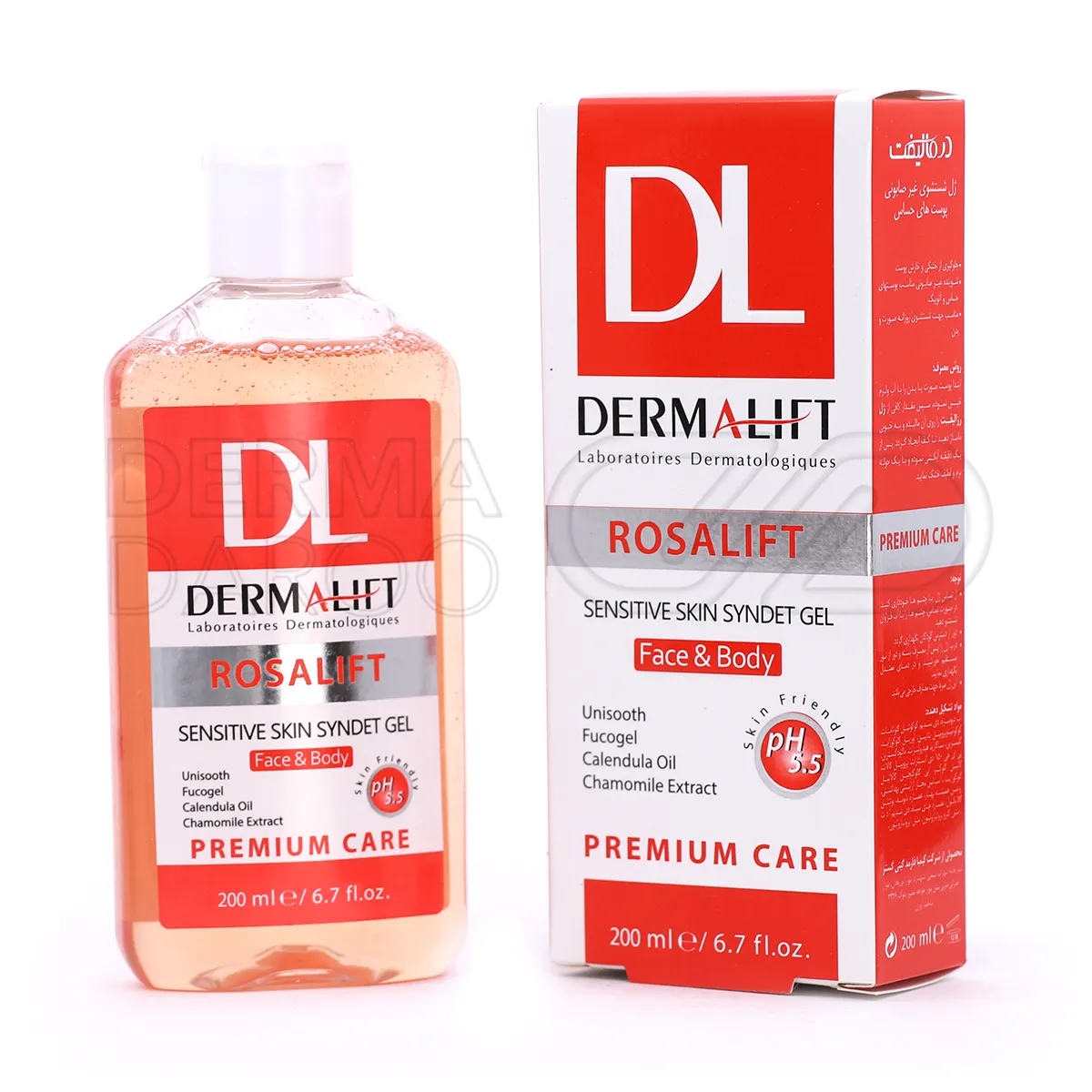 بسته بندی ژل شستشوی سیندت رزالیفت درمالیفت در تیوب سفید با طرح های آرام و طبیعی، مناسب پوست حساس و آتوپیک، فاقد صابون و پارابن