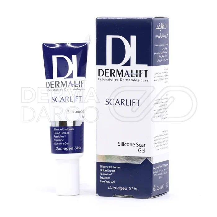 بسته بندی ژل بازسازی کننده پوست اسکارلیفت درمالیفت در تیوب سفید ۳۰ میلی لیتر با درپوش نقره ای و برچسب سبز حاوی آلوئه ورا آلانتوئین و عصاره کالاندولا