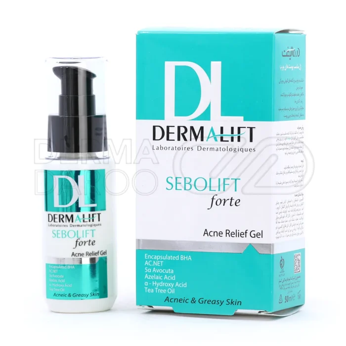 dermalift-sebolift-forte-acne-relief-gel (1) بسته بندی ژل پوست چرب سبولیفت فورت درمالیفت در تیوب سفید ۱۰۰ میلی لیتر با درپوش آبی و برچسب سبز حاوی نیاسینامید اسید آزلئیک و عصاره تمشک