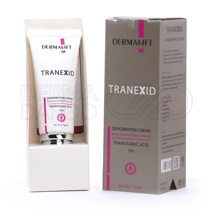 dermalift-tranexid-depigmenting-cream (1) بسته بندی کرم روشن کننده ترنکسید درمالیفت در تیوب سفید ۴۰ میلی لیتر با درپوش نقره ای و برچسب سبز حاوی ترانگزامیک اسید ویتامین C و عصاره چای سبز
