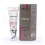 بسته بندی کرم روشن کننده ترنکسید درمالیفت در تیوب سفید ۴۰ میلی لیتر با درپوش نقره ای و برچسب سبز حاوی ترانگزامیک اسید ویتامین C و عصاره چای سبز