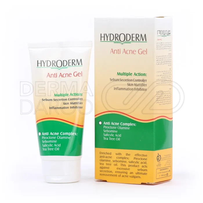 تیوب ژل ضد جوش هیدرودرم با بسته بندی سفید و درب سبز، حاوی ترکیبات ضد التهاب برای درمان جوش و کنترل چربی پوست