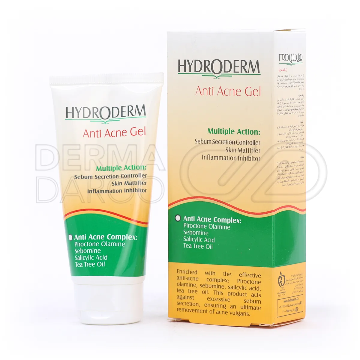 تیوب ژل ضد جوش هیدرودرم با بسته بندی سفید و درب سبز، حاوی ترکیبات ضد التهاب برای درمان جوش و کنترل چربی پوست