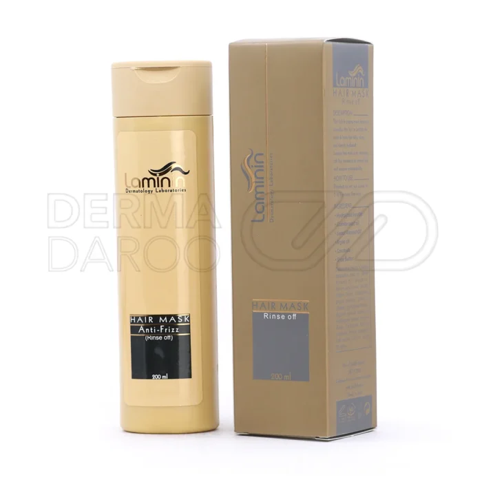 laminin-anti-frizz-rinse-off-hair-mask (1) بسته بندی ماسک مو لامینین در تیوب سفید با درب آبی، حاوی روغنهای گیاهی برای ترمیم و رطوبترسانی به موهای آسیبدیده