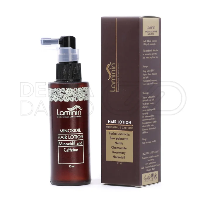 بطری اسپری محلول تقویت مو لامینین با طراحی شفاف و درب مشکی، حاوی عصاره‌های گیاهی برای تقویت و بازسازی مو