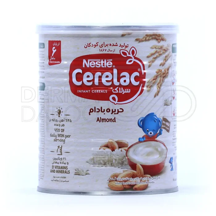 بسته بندی سرلاک حریره بادام نستله در قوطی فلزی با طرح رنگارنگ، غذای کمکی مقوی برای کودکان 6 ماه به بالا