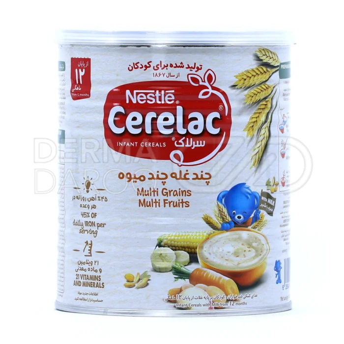بسته بندی سرلاک چند غله چند میوه نستله در قوطی فلزی با طراحی جذاب، غذای کمکی برای کودکان بالای ۱۲ ماه