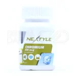 بسته بندی قرص کرومیوم 200 نکستایل در جعبه سفید با طرح های آبی، حاوی قرص های کوچک برای تنظیم قند خون و سلامت دیابتی ها