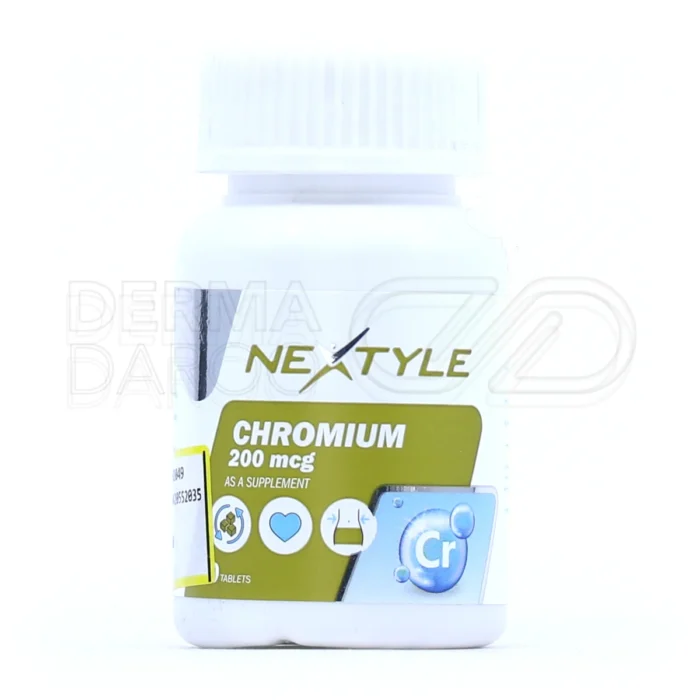 بسته بندی قرص کرومیوم 200 نکستایل در جعبه سفید با طرح های آبی، حاوی قرص های کوچک برای تنظیم قند خون و سلامت دیابتی ها