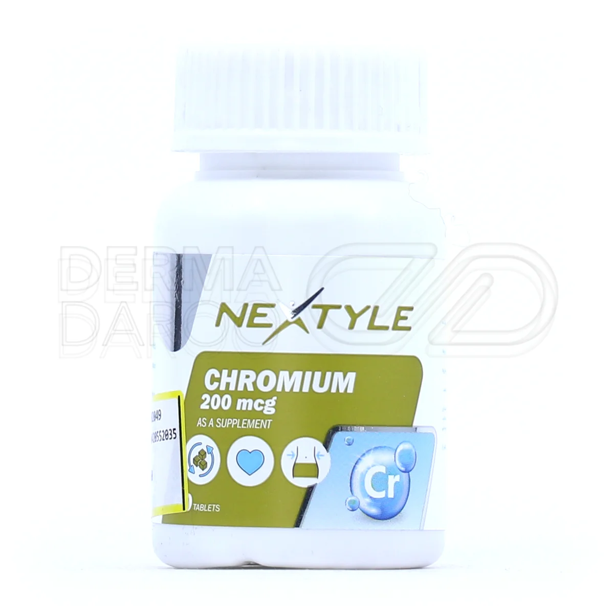 بسته بندی قرص کرومیوم 200 نکستایل در جعبه سفید با طرح های آبی، حاوی قرص های کوچک برای تنظیم قند خون و سلامت دیابتی ها