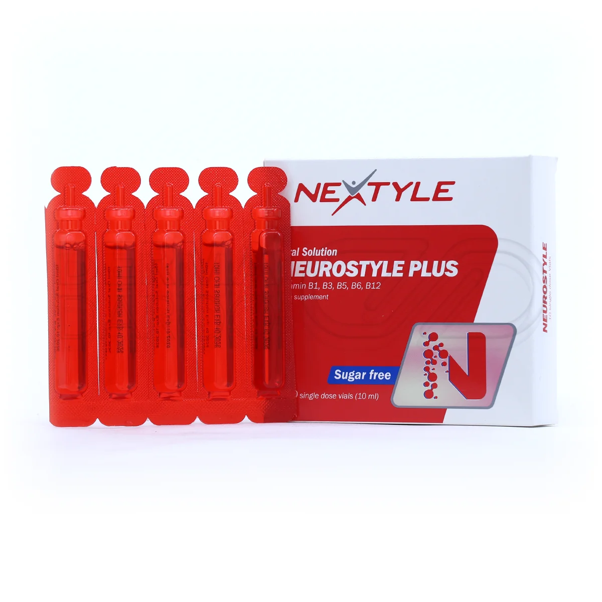 بسته بندی ویال نورواستایل پلاس نکستایل در جعبه سفید با طرح های آبی، حاوی ویال های مایع بدون قند با طعم آلبالو برای سلامت عصبی