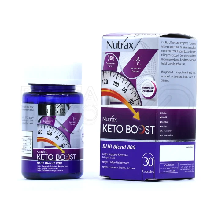 بسته بندی کپسول نوتراکس کتو بوست در جعبه سفید با طرح های آبی، حاوی کپسول های تقویت کننده متابولیسم چربی برای رژیم کتو