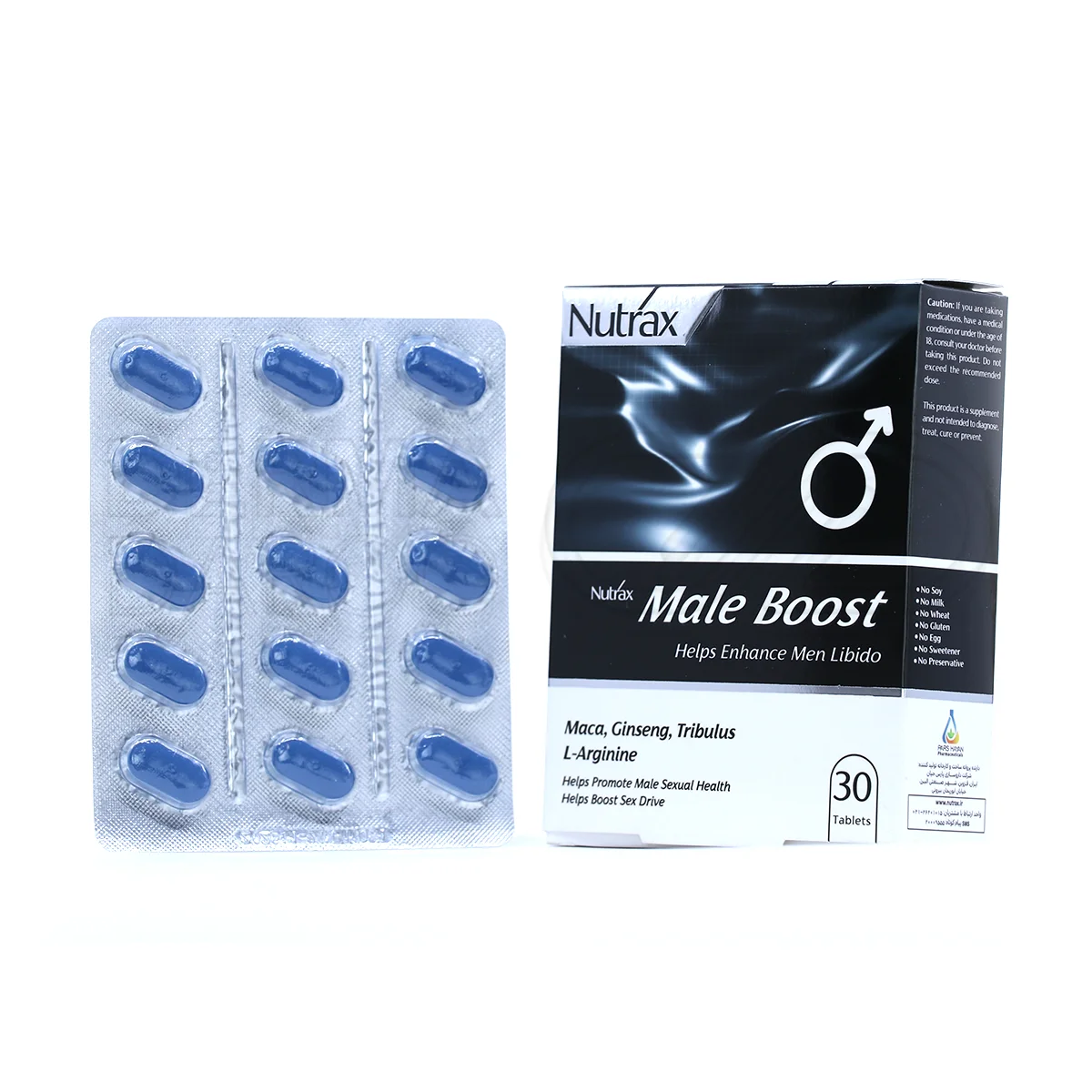 بسته بندی قرص میل بوست نوتراکس در جعبه سفید با طرح های آبی، حاوی قرص های طبیعی برای تقویت عملکرد جنسی مردان