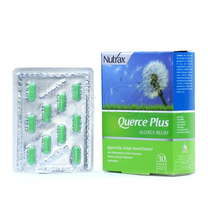 بسته بندی کپسول کوئرس پلاس نوتراکس در جعبه سفید با طرح های سبز، حاوی کپسول های طبیعی برای بهبود آلرژی و سلامت ایمنی