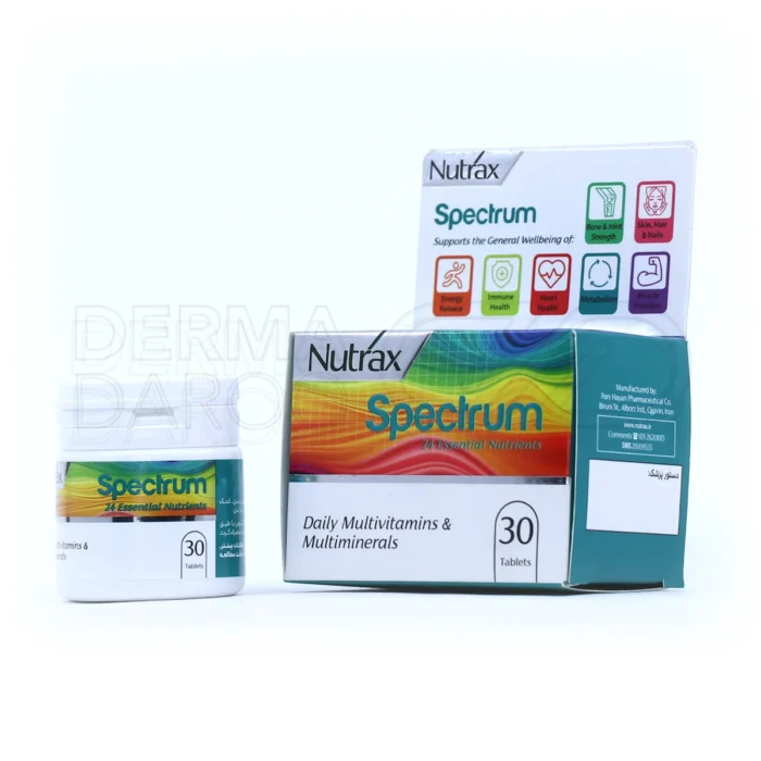 بسته بندی قرص مولتی ویتامین و مینرال اسپکتروم نوتراکس در جعبه سفید و سبز، حاوی قرص‌های روزانه برای سلامت عمومی بدن