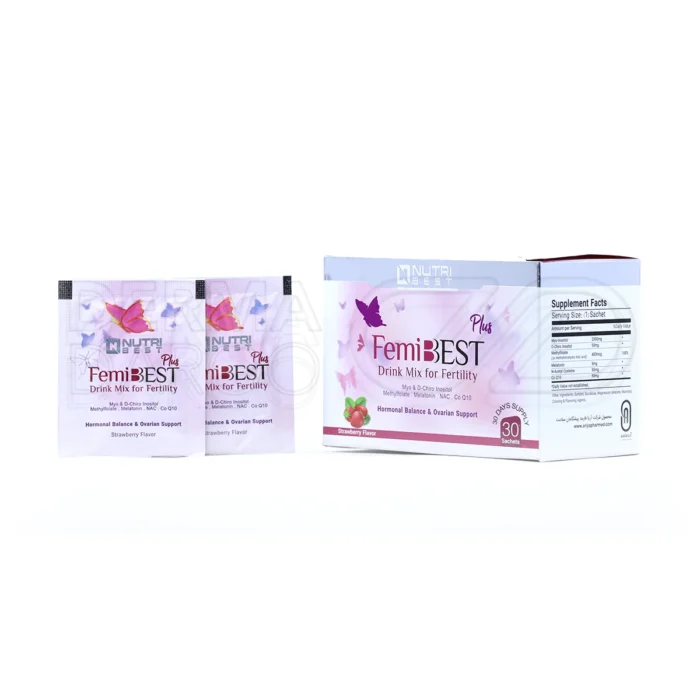 بسته بندی مدرن ساشه فمی بست پلاس نوتری بست در جعبه آبی روشن با طرح های الهام بخش باروری و پاکت های آماده مصرف، همراه با مواد مغذی برای سلامت تخمدان