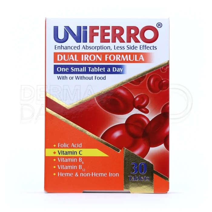 بسته بندی شیک قرص یونی فرو ابیان دارو 30 عددی در جعبه سفید با طراحی ساده و حرفه ای، حاوی قرص های آهنی برای مصرف آسان و نگهداری ایمن در جای خشک