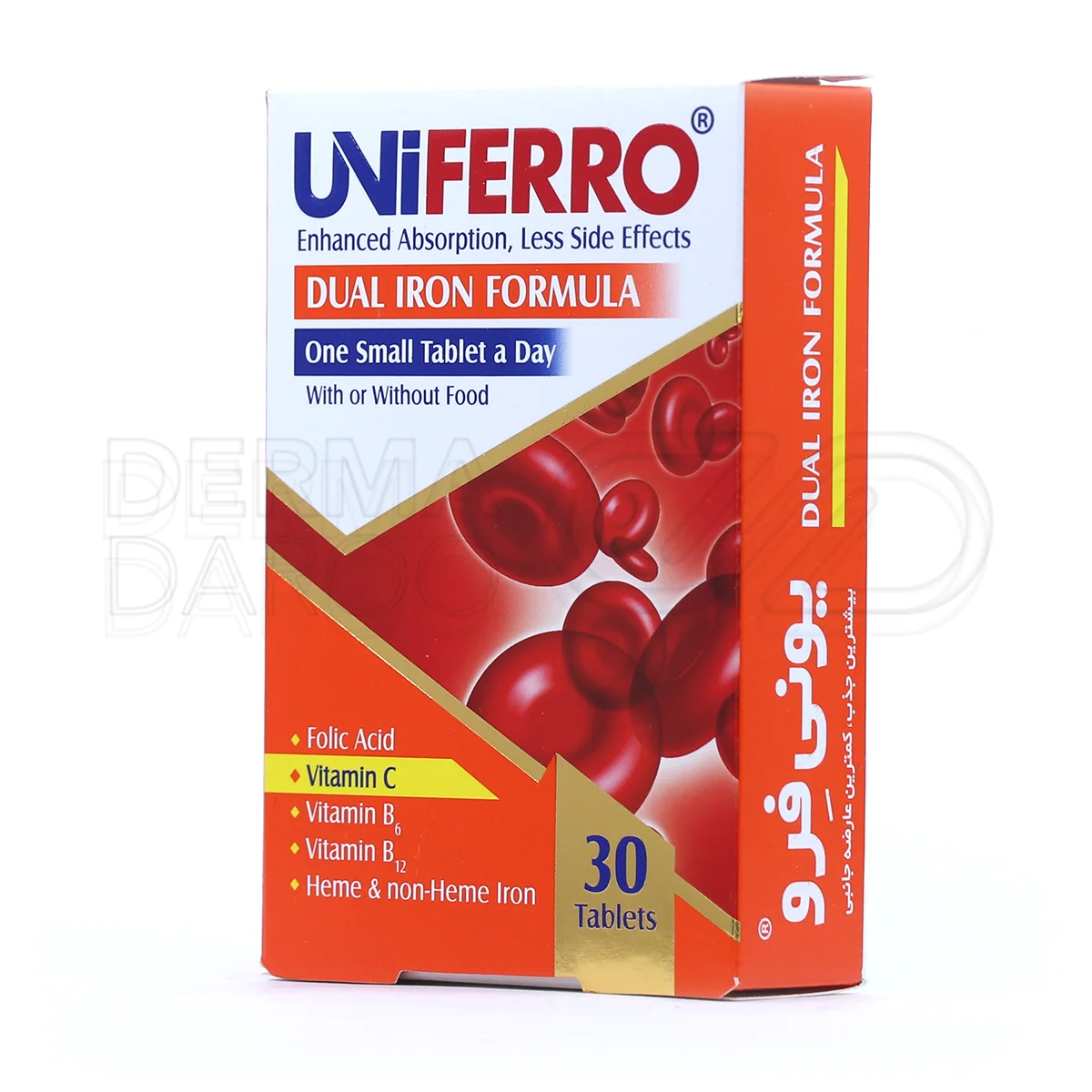 یونی فرو ابیان دارو 30 عددی با ساختار پلی ساکاریدی آهن برای حداقل عوارض معده، پوشش کامل نیازهای آهن و ویتامین ها مناسب افراد با رژیم غذایی نامناسب