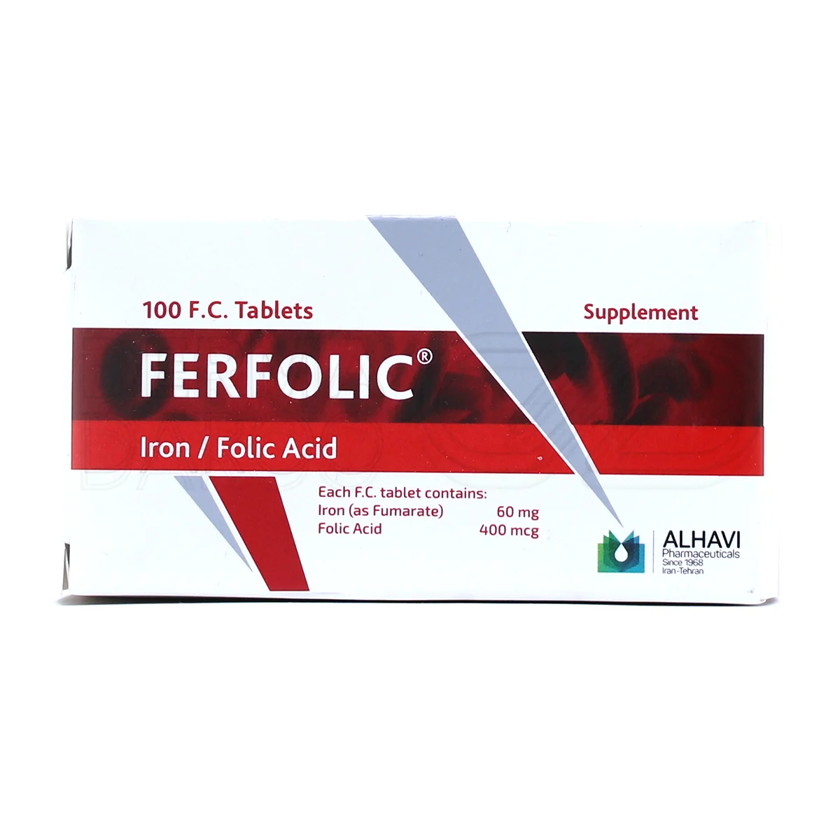 فرفولیک الحاوی 100 عددی با خواص ضد خستگی، پوشش کامل نیاز آهن و فولیک اسید، مناسب بزرگسالان برای مصرف روزانه بدون تداخل با غذاهای چرب