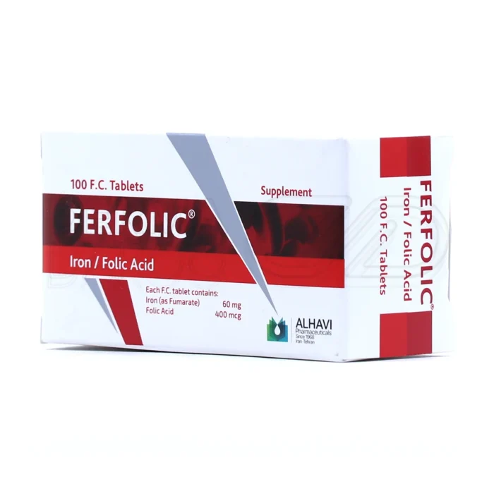 قرص فرفولیک الحاوی حاوی آهن 60 میلی گرم و اسید فولیک 400 میکروگرم برای درمان کم خونی فقر آهن، رفع خستگی مفرط و ضعف با جذب بهتر و بدون طعم فلزی