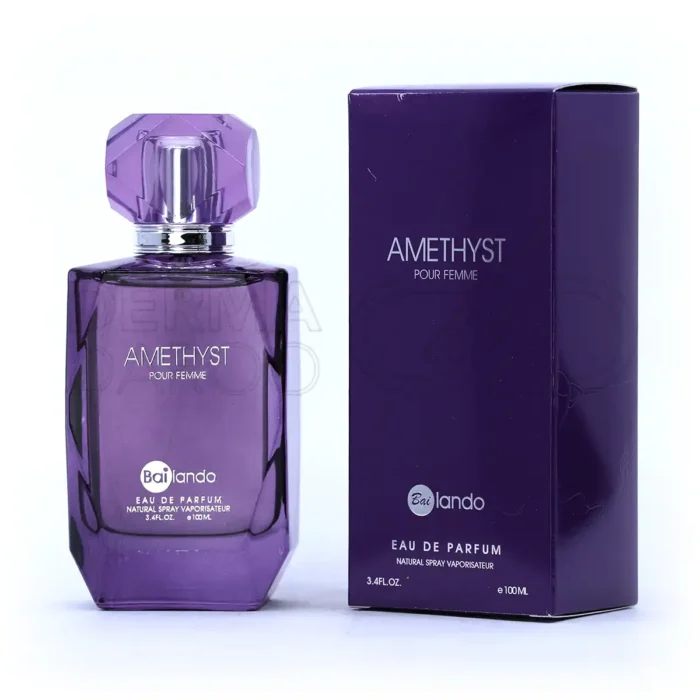 بطری شیک ادو پرفیوم زنانه بایلندو آمتیست با رایحه گلی و شیرین رز و وانیل، طراحی زیبا و مناسب برای تمام فصول