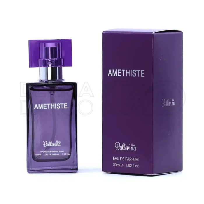 بطری شیک ادو پرفیوم زنانه آمتیست بالرینا با طراحی ظریف و رایحه گلی شیرین رز و وانیل در بسته بندی لوکس و جذاب