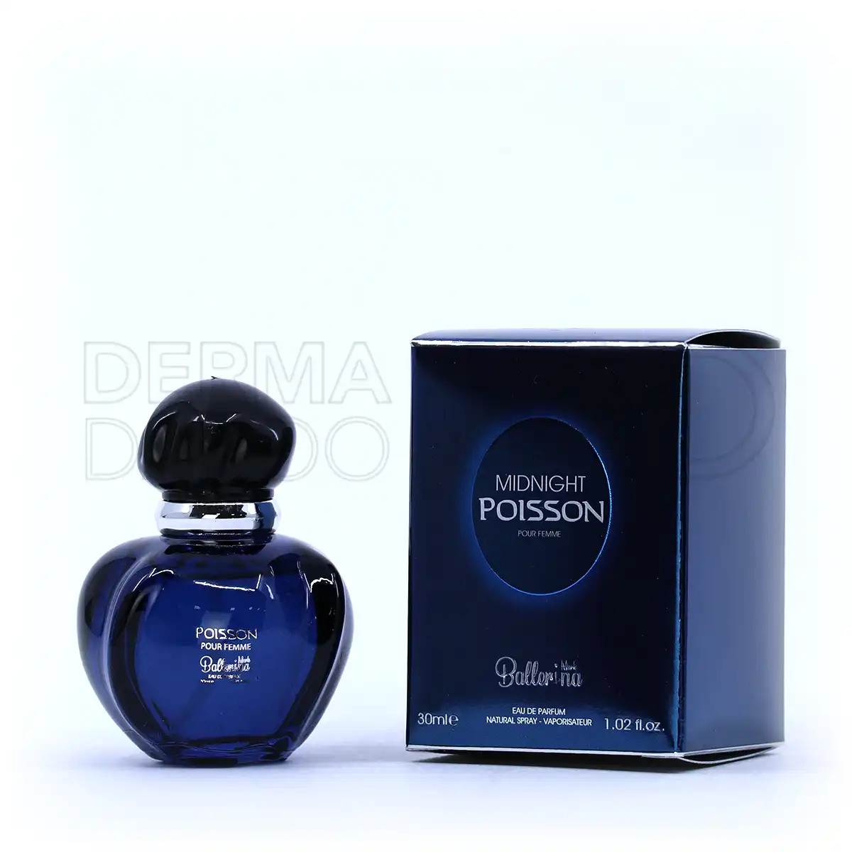 بسته بندی شیک ادو پرفیوم زنانه میدنایت پویزن بالرینا در بطری شیشه ای تیره با طراحی ظریف و جعبه مخملی، مناسب هدیه