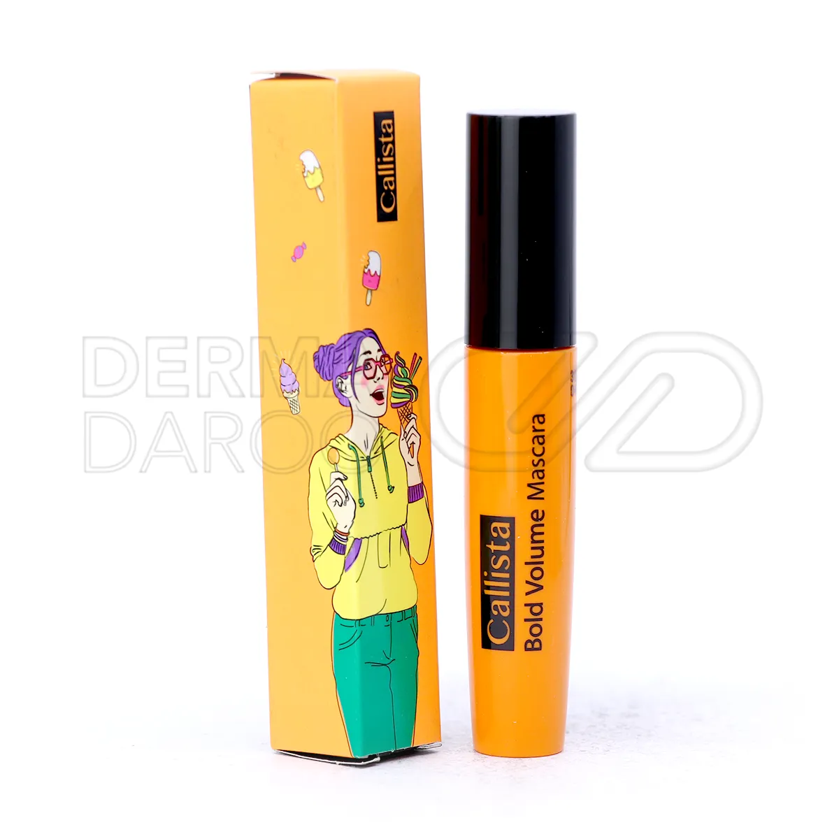 بسته بندی شیک ریمل حجم دهنده بولد ولوم کالیستا در تیوب نارنجی با طراحی مدرن و برس مویی برای استفاده آسان، تقویت مژه و پوشش غلیظ بدون التهاب پلک