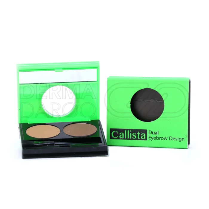 بسته بندی شیک سایه ابرو دوتایی کالیستا در جعبه دو رنگ با طراحی مدرن و برس مخصوص برای استفاده آسان، محافظت از پوست ابرو و حالت دهی طبیعی
