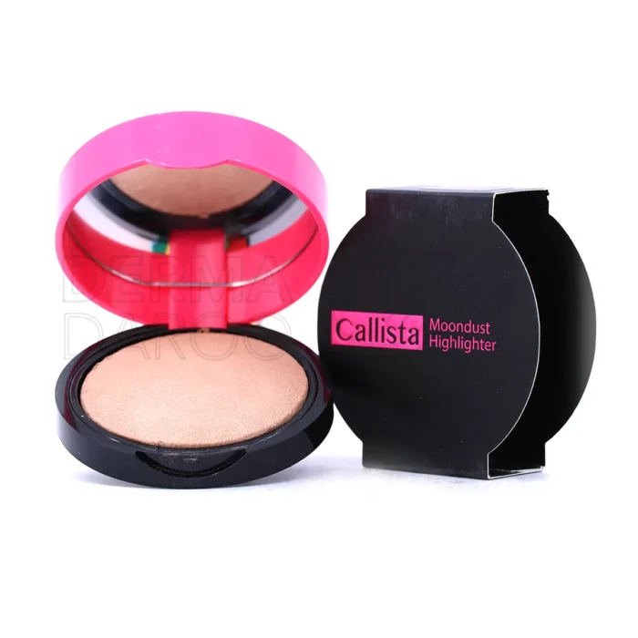 بسته بندی شیک هایلایتر پودری مونداست کالیستا در پالت مشکی با طراحی مدرن، بافت نرم ابریشمی و ذرات اکلیل برای پخش آسان و درخشش پوست