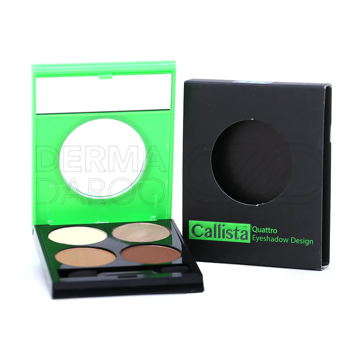 بسته بندی شیک پالت سایه چشم چهارتایی کالیستا در جعبه مشکی با طراحی مدرن، حاوی چهار رنگ متنوع با بافت نرم برای پوشش آسان و ماندگار پلک